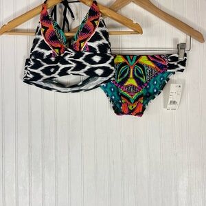 Trina Turk Women's Black /White Multicolor Floral 2Pc Bikini Set Sz 4